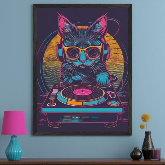 Dj Cat Synthwave Retrowave Neon Animal 80S Retro Music Wall Decor Unframed Paper Print