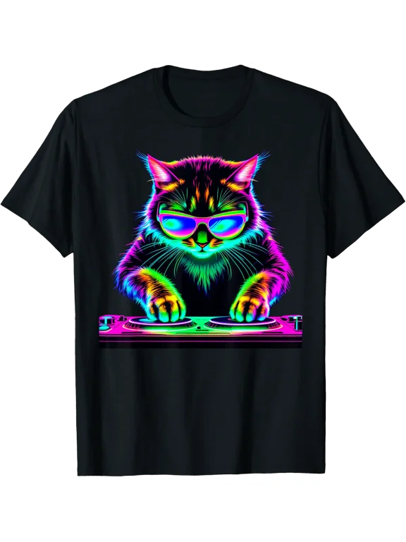 Dj Cat Techno Edm Music Lover Rave Disco Party Cats T-Shirt Size S-5XL