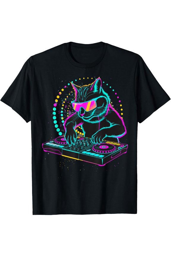 Dj Cat Techno Edm Music Lover Rave Disco Party Cats T-Shirt Size S-5XL