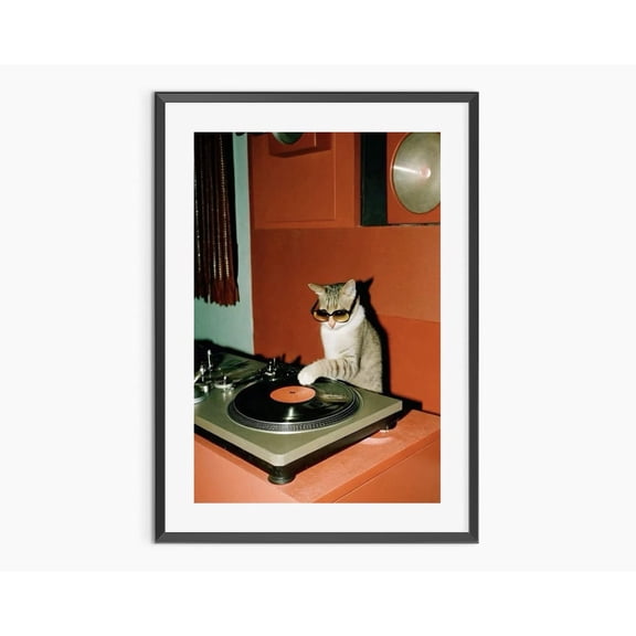 Dj Cat Vinyl Poster, Retro Turntable Music Wall Art, Unframed Paper Poster 8x10in