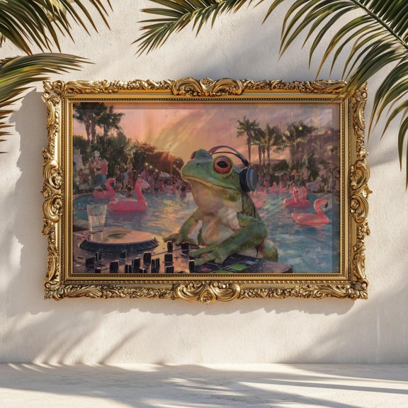 Dj Frog Sunset Pool Party Print Retro 80S Summer Vibes, Unframed Paper Print