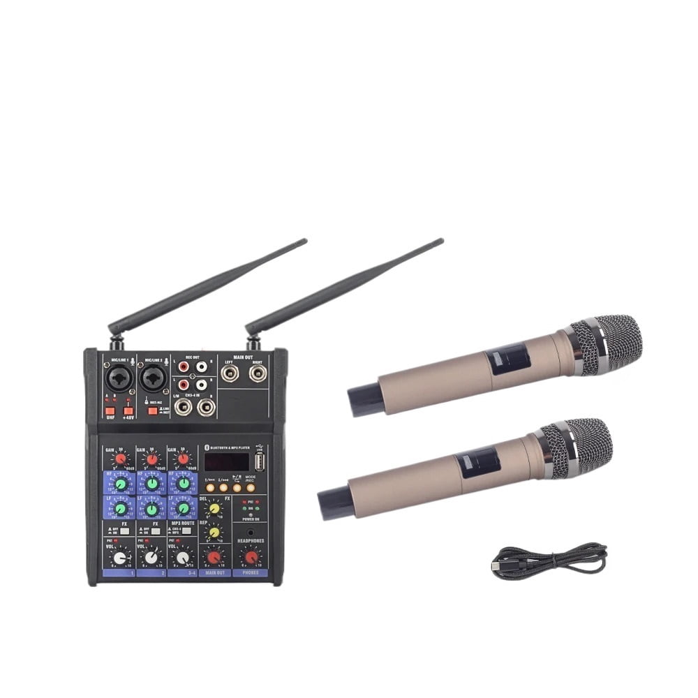 Dj Mixer 4 Channels Console with UHF Wireless Microphone Sound Mixing Bluetooth 48V