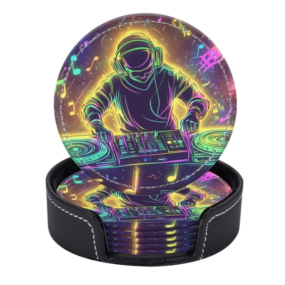 PU Leather Coasters for Drinks Bar Beer,Set of 6 with Holder,Round Housewarming Gift,Dj Playing Music On Turntable