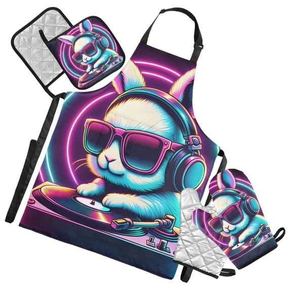 Dj Rabbit with Neon Sunglasses 5 Pcs Kitchen Set Heat Resistant Oven Mitts and Non-Slip Pot Holders with Adjustable Cooking Apron
