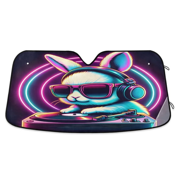 Dj Rabbit with Neon Sunglasses Car Windshield Sun Shade Foldable Car Front Window Visor Heat and UV Protection 53x23.5