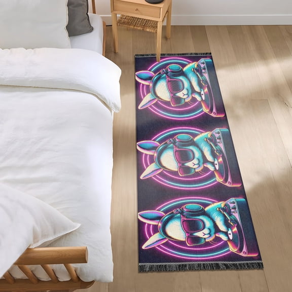 Dj Rabbit with Neon Sunglasses Runner Area Rug 2x6 Soft Non-Slip Washable Bedside Carpet for Hallway Bedroom Living Room Home Decor
