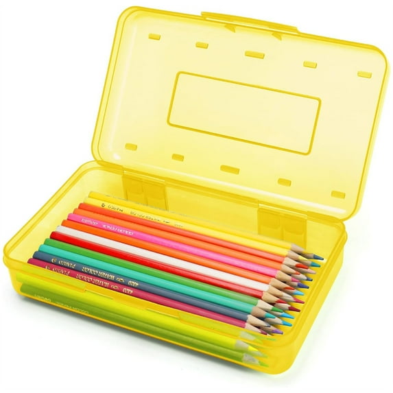 Djiypn 1 Pack Plastic Pencil Box Large Capacity Pencil Boxes Clear Boxes with Snap-tight Lid Stackable Design and Stylish Office Supplies Storage Organizer Box, Yellow