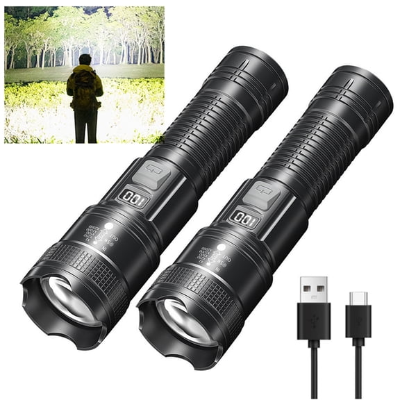Djiypn 10000 Lumens Rechargeable Flashlight, Zoomable 4-Mode Handheld LED Light, IPX6 Waterproof, Perfect for Camping, Hiking, and Emergency Use by Adults[2Pack]