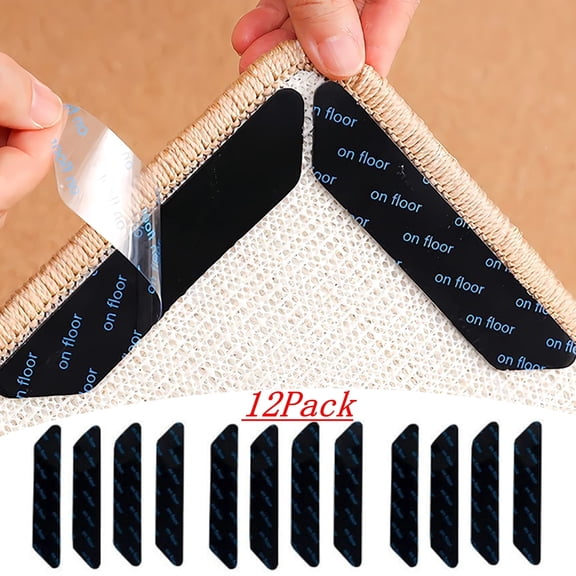 Djiypn 12 PCS Rug Tape Rug Pad For Hardwood Floors Double Sided Adhesive Carpet Tape Reusable Rug Grips For Area Rugs To Keep Rugs In Place,PU,Black,130g