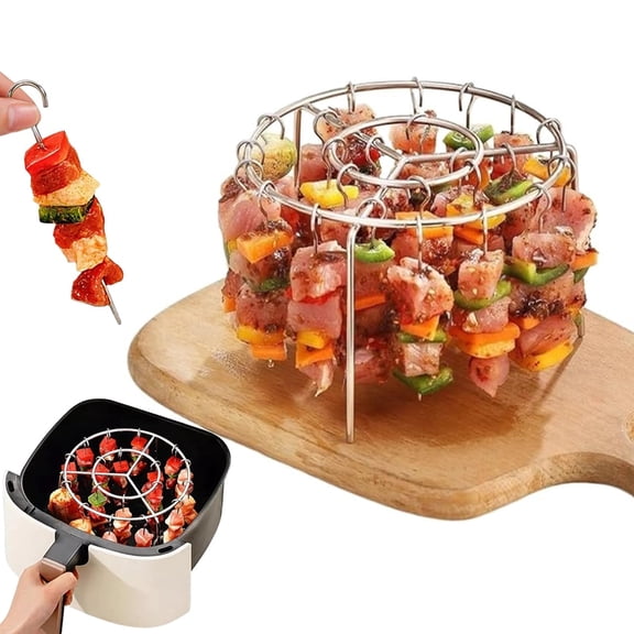 Djiypn 1Pack Air Fryer Rack Round, 6 Inch Air Fryer Skewer Stand, Stainless Steel Hanging Oven Skewers Rack Accessories, With 24 Skewer, Multifunctional Grill for Cooking Barbecue 