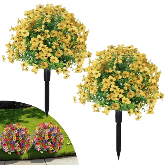 Djiypn 2 Pack Artificial Topiary Boxwood Ball Trees with Ground Spike, 24'' Faux Shrubs Fake Brush Plants Flowers Greenery for Indoor Front Porch Garden Outdoor Decoration, Yellow