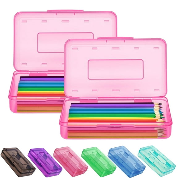 Djiypn 2 Pack Clear Pencil Box, Large Plastic Pencil Case Crayon Box, Colored Hard Pencil Case Organizer, Maker Organizer with Lid, Small Art Craft Storage Containers Pen Box-Pink