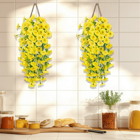 Djiypn 2 Pcs Artificial Hanging Flowers Fake Hanging Plants Morning Glory Flowers Vine Garland for Home Indoor Outdoor Garden Patio Yard Room Porch Wedding Decoration, 29.5in, Yellow
