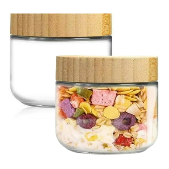 Djiypn 2-pack Glass Jars with Wooden Lids, Overnight Oats Containers with Lids, Wide Mouth Salad Jars, Glass Food Storage Containers for Snacks Yogurt Spice Sugar(11.8Oz)