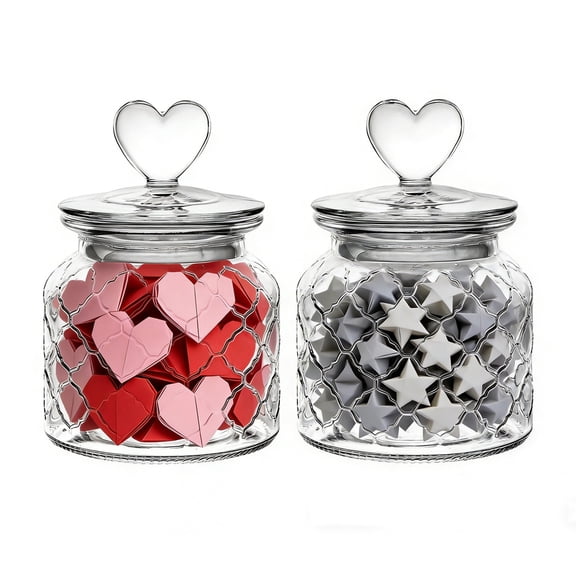 Djiypn 20 oz Valentine's Day Glass Candy Jars Clear Valentines Containers with Heart Lid Cute Decorative Storage Jars for Cookie Chocolate Nut(2PCS)