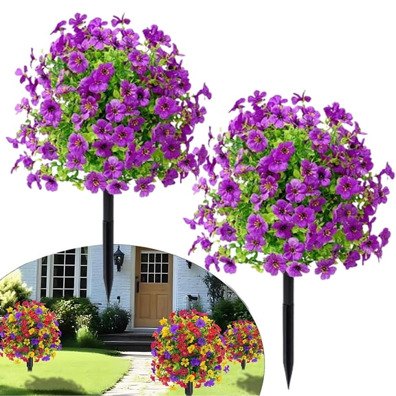 Djiypn 22" Set of 2 Spring Artificial Boxwood Topiary Ball Tree with Spikes,UV Resistant Fake Outdoor shrubs with Violet Flowers, Realistic Faux Plants Bushes for Garden Front Porch Yard Patio