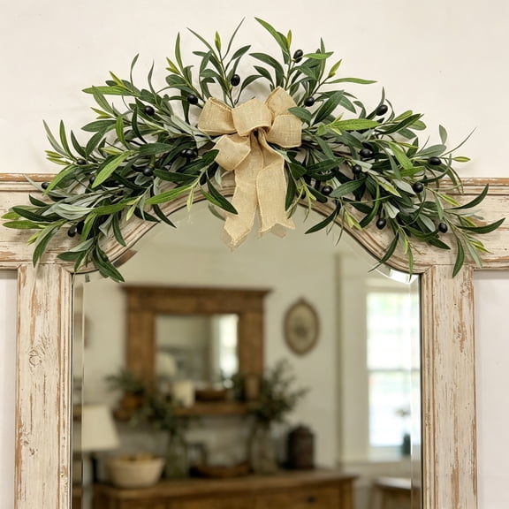 Djiypn 24 Inch Artificial Olive Wreaths for Front Door, Green Leaf Olive Fruit Spring Flower Swag, Perfect for Wedding Home Outdoor Indoor (1PC)