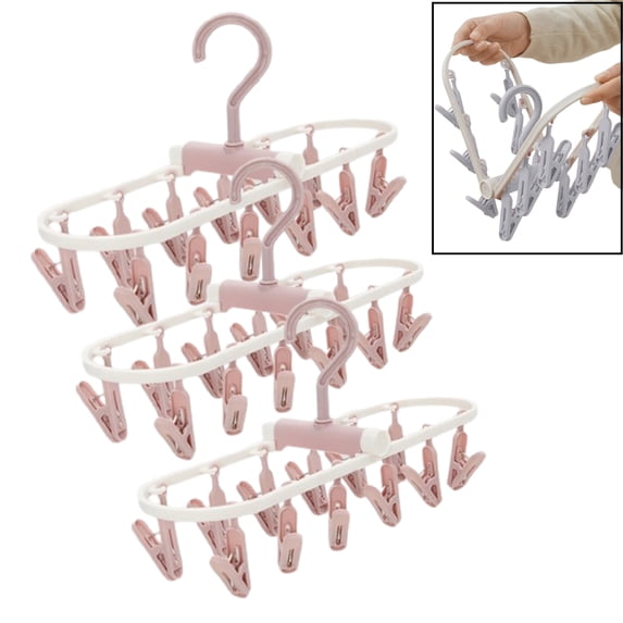 Djiypn 3 Pack Clothes Drying Rack, Small Folding Portable Underwear Hangers with 12 Clips, Plastic Laundry Clip Drying Hanger with 360° Rotatable Hook for Socks Towels Bras Clothes Gloves,Pink