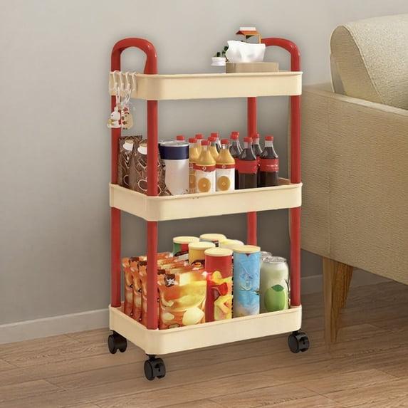 Djiypn 3 Tier Narrow Rolling Storage Cart for Laundry Room Bathroom Kitchen, 8.7'' Slim Utility Cart with Wheels and Lockable Casters Standing Shelf for Small Space, Red
