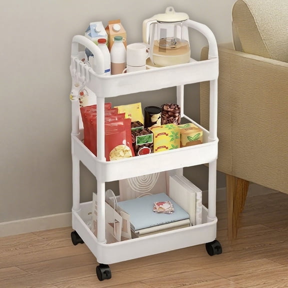 Djiypn 3 Tier Narrow Rolling Storage Cart for Laundry Room Bathroom Kitchen, 8.7'' Slim Utility Cart with Wheels and Lockable Casters Standing Shelf for Small Space, White