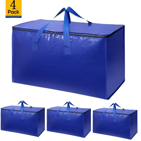 Djiypn 4 Pack Extra Heavy Duty Large Moving Bags with Zipper and Handles, Sturdy Clothes Storage Bags Totes Bins, Packing Bag Move Boxes College Moving Supplies, Blue - 90L