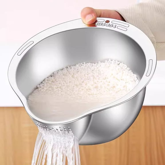 Djiypn 4-in-1 Stainless Steel Rice Washer Strainer Bowl - Versatile Food Strainer with Side Drainers for Quick Washing, Draining of Rice, Vegetables, and Legumes - Ideal Kitchen Tool for Home Use
