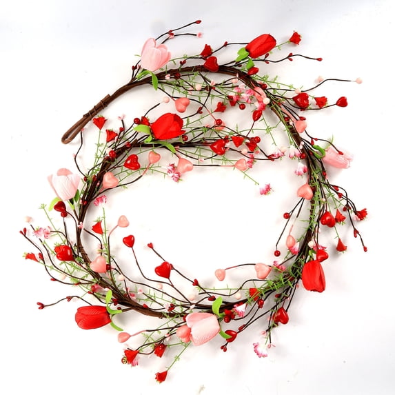 Djiypn 5.25 FT Artificial Valentine Garland Romantic Valentines Day Garlands Farmhouse Valentines Day Floral Garlands with Tulip Heart Berries for Mantle Table Stairs Indoor Outside Holiday(1Pack)