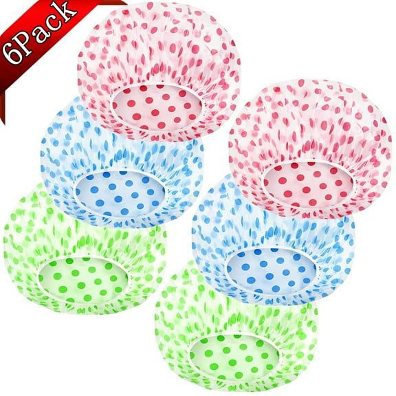 Djiypn 6 Pieces Waterproof EVA Plastic Shower Cap,Elastic Reusable Bathing Cap, Beauty Salon Spa Lace Elastic Band Polka Dot Printed Hat Environmental Protection Hair Bath Caps
