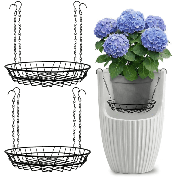 Djiypn Adjustable Plant Risers for Large Tall Pots, 12-24" Planter Insert, False Bottom Pot Filler with 4 Hooks & Chains, Holds 48 lbs Rustproof Soil Saver for Indoor Outdoor Planters (2Pack,Black)