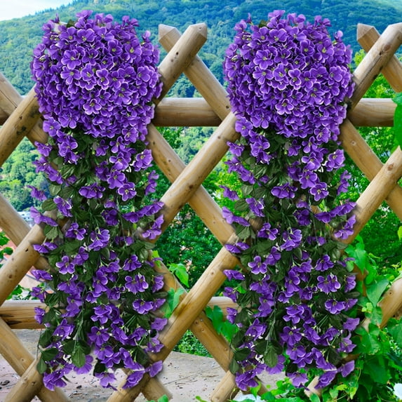 Djiypn Artificial Fake Hanging Plants Flowers for Outdoor Outside Decoration, 2PCS Faux Silk Glory Long Vines Look Real for Home Porch Patio Planter, Purple
