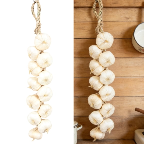 Djiypn Artificial Garlic String, 1 Pack Simulation Fake Vegetable Hanging String for Home Kitchen Farm Harvest Wall Decoration Photography Props (White, 18Inch)