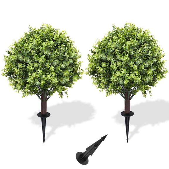 Djiypn Artificial Pink Eucalyptus Topiary Ball Trees with Ground Spike, Set of 2 UV Resistant Artificial Shrubs, Fake Evergreen Artificial Plant Bushes for Indoor Outdoor Front Porch Garden,Green