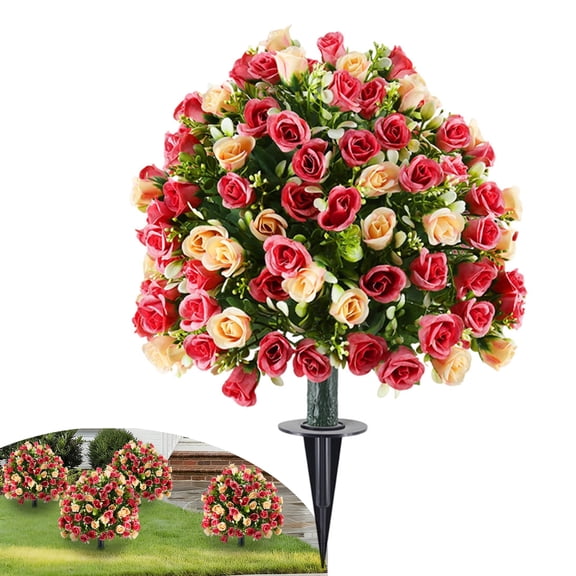 Djiypn Artificial Rose Topiary Ball Trees with Ground Spike, 1 Pack 24 Inches UV Resistant Artificial Shrubs, Fake Evergreen Artificial Plant Brush for Indoor Outdoor Front Porch Garden