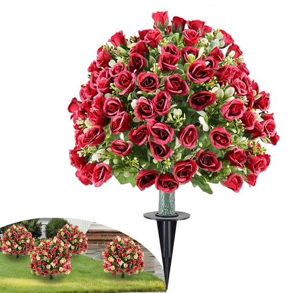 Djiypn Artificial Rose Topiary Ball Trees with Ground Spike, 1 Pack 24 Inches UV Resistant Artificial Shrubs, Fake Evergreen Artificial Plant Brush for Indoor Outdoor Front Porch Garden