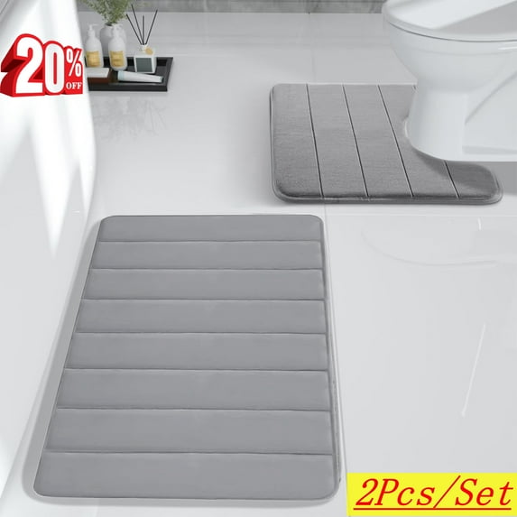 Djiypn Bathroom Rug Set 2 Piece, Soft Absorbent Memory Foam Bath Rugs and U-Shaped Contour Toilet Rug, Non-Slip Bath Carpet, Machine Wash Dry, Bath Mats for Bathroom (24"x16"+16"x20", Grey)