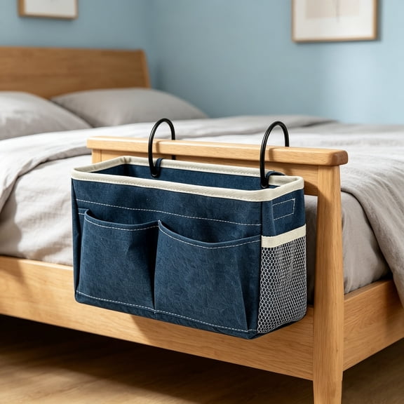 Djiypn Bedside Caddy Organizer with Hooks, No-Sagging Canvas Hanging Bed Pocket with Water Bottle Holder, Bedside Storage for Dorm Room Essentials, Bed Accessories, Blue