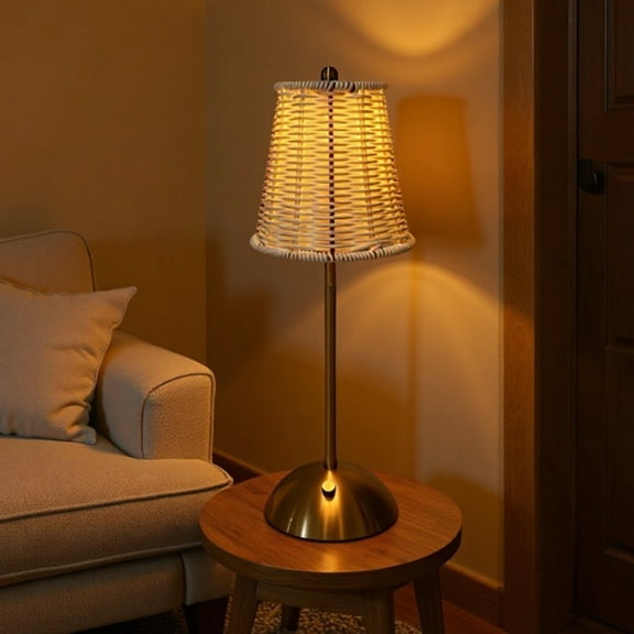 Djiypn Boho Rattan Table Lamp,Wicker Night Light, LED Rechargeable Reading Lights, Warm Light Touch Control Bedside Lamps Living Room Bedroom Office Lighting Home Outdoor Decoration