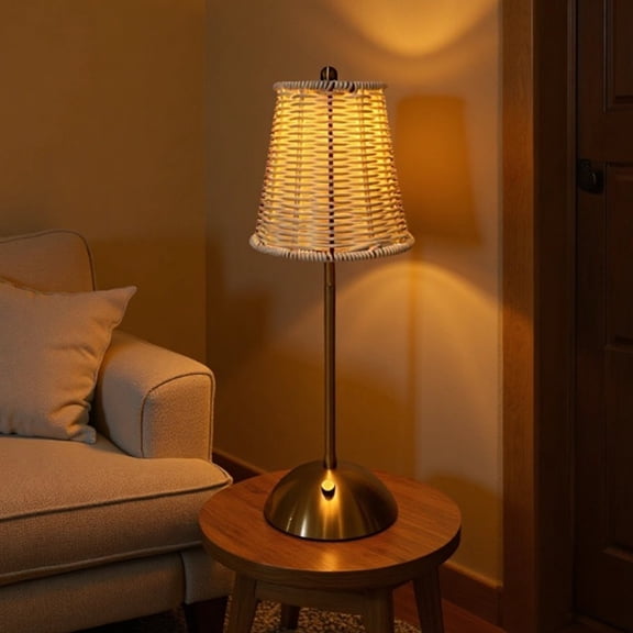 Djiypn Boho Rattan Table Lamp,Wicker Night Light, LED Rechargeable Reading Lights, Warm Light Touch Control Bedside Lamps Living Room Bedroom Office Lighting Home Outdoor Decoration