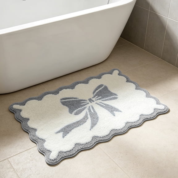 Djiypn Bow Bath Mat Bathroom Rug Cute Scalloped Rugs Non Slip Floor Carpet Microfiber Bathmat Soft Super Absorbent Machine Washable Bathmat for Shower Scallop Bathroom Mats(16x24 inch)