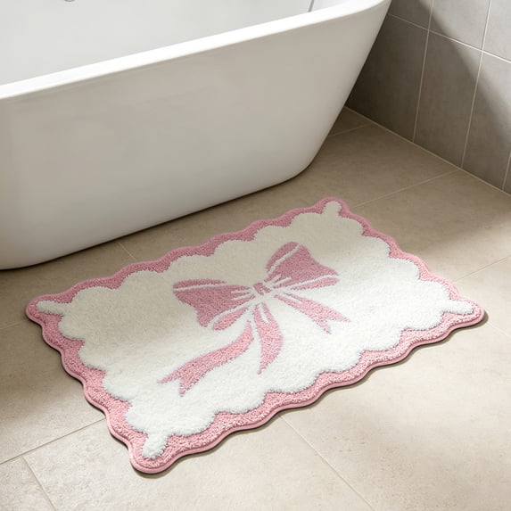 Djiypn Bow Bath Mat Bathroom Rug Cute Scalloped Rugs Non Slip Floor Carpet Microfiber Bathmat Soft Super Absorbent Machine Washable Bathmat for Shower Scallop Bathroom Mats(16x24 inch)