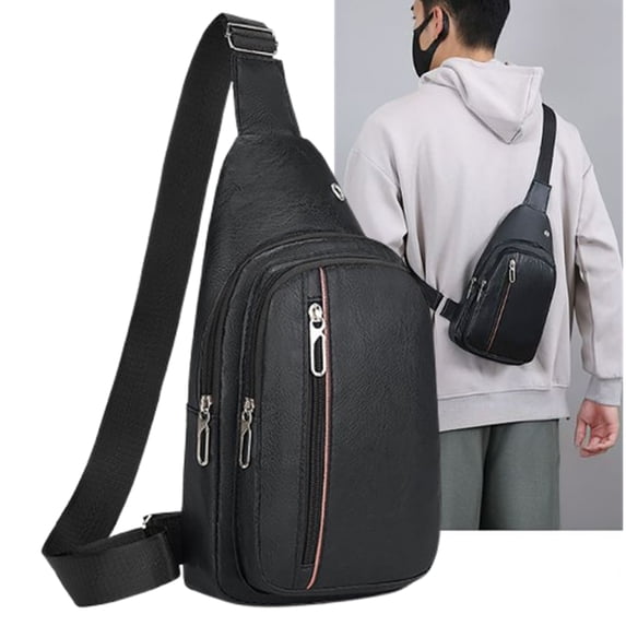 Djiypn Crossbody Sling Bag Men Women, Small PU Leather Casual Shoulder Backpack, Chest Daypack Satchel for Outdoor Hiking Travel, Black