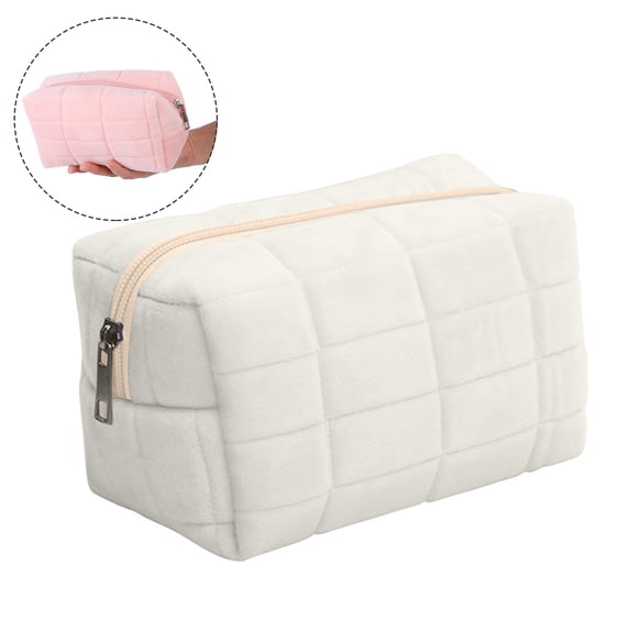 Djiypn Cute Makeup Bag, Velvet Cosmetic Bag, Make up Pouch for Purse,Toiletry Zipper Pouch, Checkered Bag, Travel Case,Storage Pouches for Organization (White)