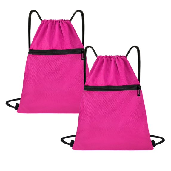 Djiypn Drawstring Backpack Bag, Waterproof Draw String Back Sack with Zip Pocket, Gym Bags Beach Swim Bag for Men Women, Hot Pink