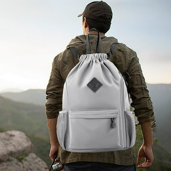 Djiypn Drawstring Backpack Water Resistant String Bag, Multi-Functional Sports Gym Sack with Side Pocket for Men Women, Gray
