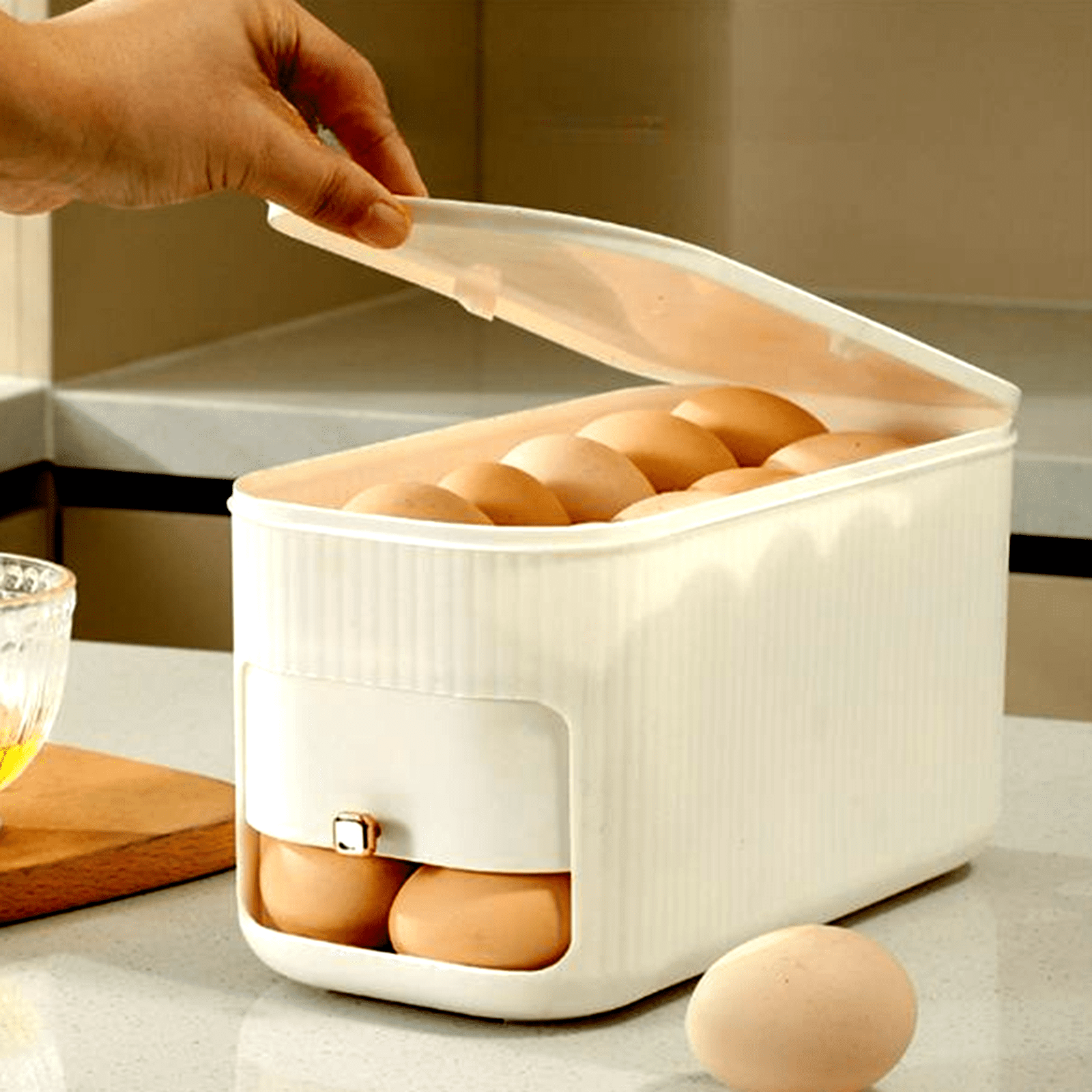 Djiypn Egg Holder for Fridge, Automatic Rolling Egg Container for Refrigerator, Stackable Fridge Organizers and Storage with Lid, Plastic Egg Dispenser Tray (2 Tier Hold 30 Eggs)