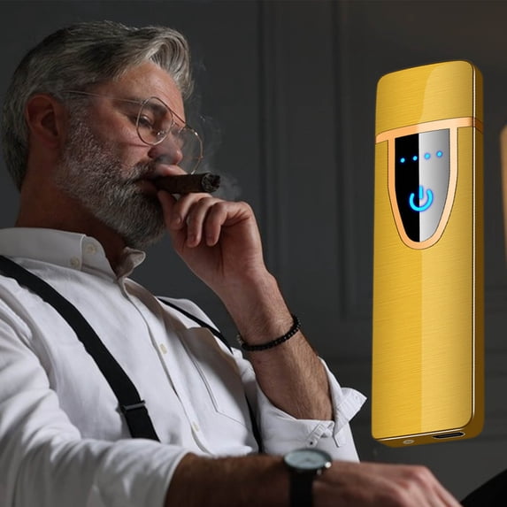 Djiypn Electronic Lighter, USB Rechargeable Lighter, Mini Electric Lighter Touch Ignition Windproof Flameless Lighter with Battery Indicator for Men Father Gifts (Gold)