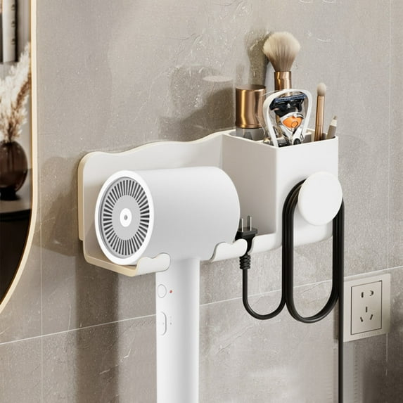 Djiypn Hair Dryer Holder Wall Mount – Blow Dryer Holder, Sturdy Plastic Hair Tool Organizer, Water Resistant, Easy Installation, Ideal for Bathroom - White