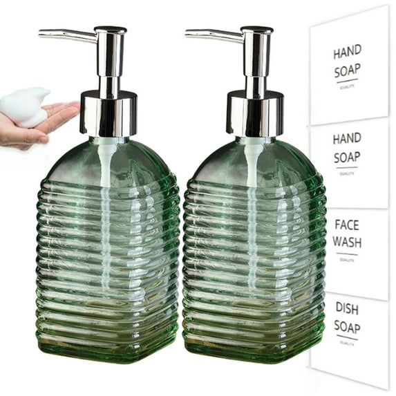 Djiypn Hand Soap Dispenser, Soap Dispenser for Bathroom 2 Pack, 15 Fl Oz Glass Soap and Lotion Dispensers Set with Pump, Boho Refillable Liquid Dish Soap Dispensers Bottle, Green