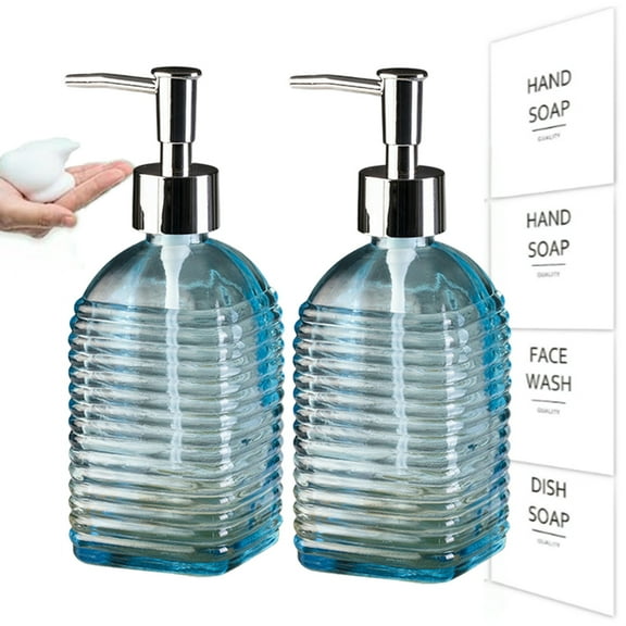 Djiypn Hand Soap Dispenser, Soap Dispenser for Bathroom 2 Pack, 15 Fl Oz Glass Soap and Lotion Dispensers Set with Pump, Boho Refillable Liquid Dish Soap Dispensers Bottle, Blue