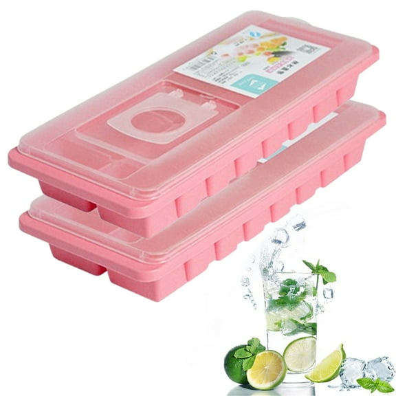 Djiypn Ice Cube Tray, Plastic Ice Cubes Trays for Freezer, Easy-Release 16-Ice Trays with Removable Lid, Durable and Dishwasher Safe, 2 Pack, Pink